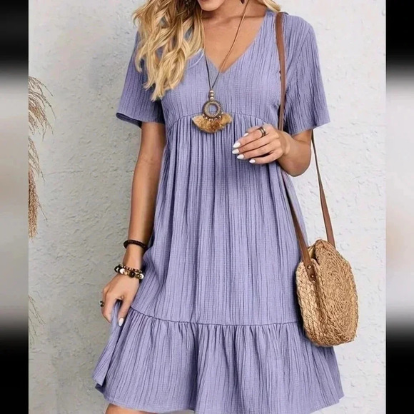 Solid Color V-Neck Short Sleeve Dress With Ruffled Hem For Summer - Picture 1 of 4